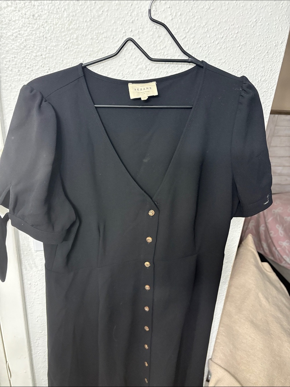 Sezane paris Black V-Neck Button Front Dress